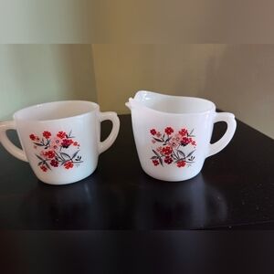 Fire King Oven Ware Vtg Milkglass Cream Sugar Set Primrose Flower 2pc Tea Coffee